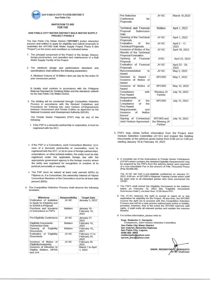 Invitation to bid for the san pablo city water district bulk water supply project phase II